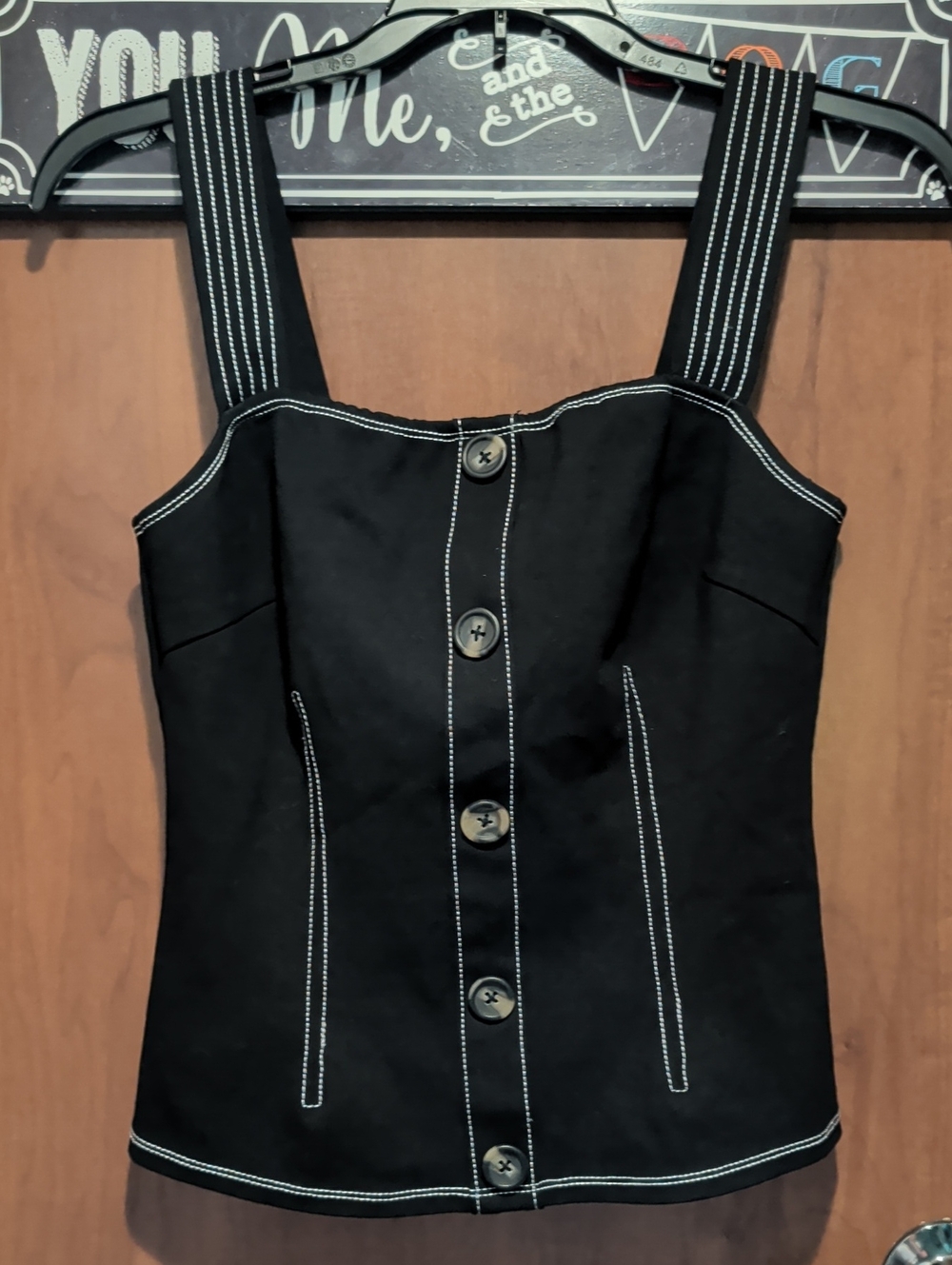 Eri + Ali Black Contrast-Stitch Button-Front Tank Top with Wide Straps